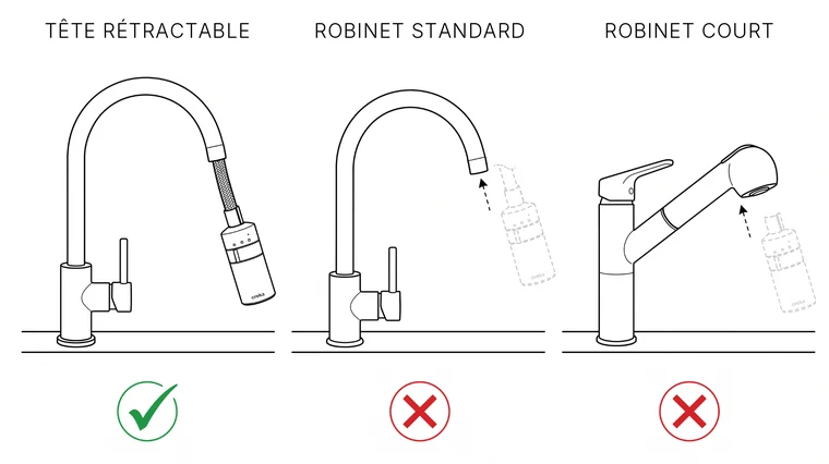 Compatibilité : le robinet à tête rétractable est compatible avec Oreka ; le robinet standard à bec fixe et le robinet court ne le sont pas.