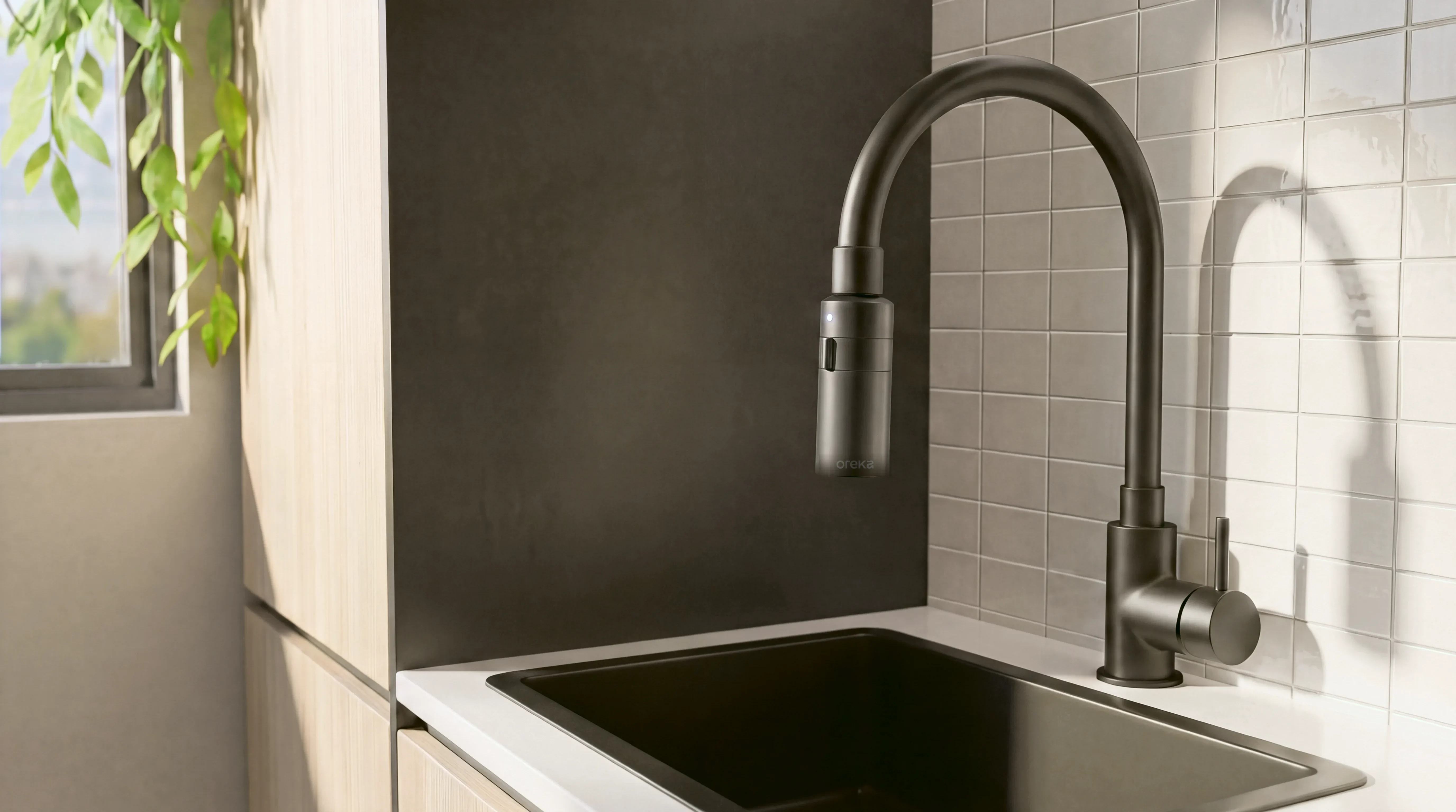 La douchette Oreka installée sur un robinet de cuisine noir, dans une cuisine baignée de lumière