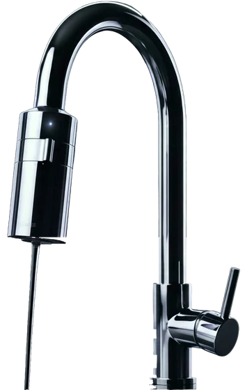 Robinet col-de-cygne Oreka en finition chrome, avec sa douchette de filtration