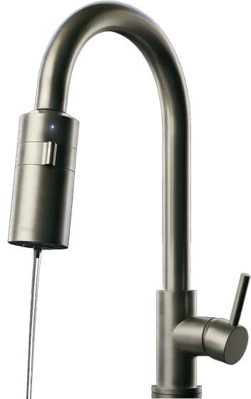 Robinet col-de-cygne Oreka en finition nickel brossé, avec sa douchette de filtration
